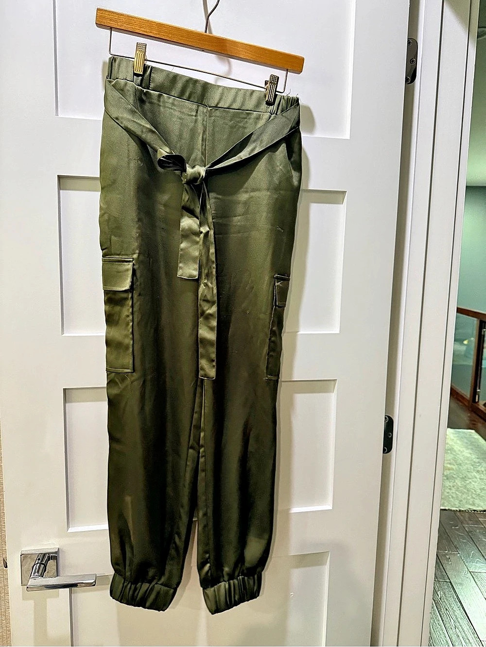 Sincerely Jules Olive Green Satin Cargo Jogger Pants Size S